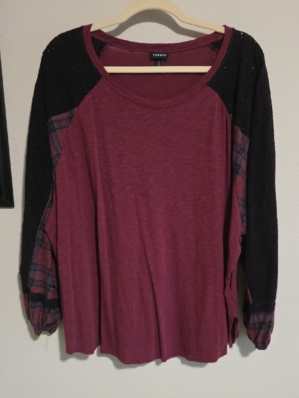 Torrid Burgundy Long Sleeve Raglan Top with Black Sleeves and Plaid Inset